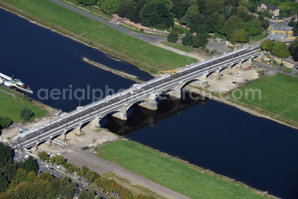 Aerial image Dresden - Construction to renovation work on the road bridge structure of the Albertbruecke in Dresden in the state Saxony