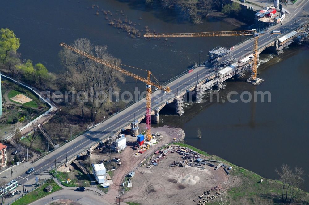 Aerial photograph Magdeburg - Construction to renovation work on the road bridge structure of Anna-Ebert-Bruecke in Magdeburg in the state Saxony-Anhalt, Germany