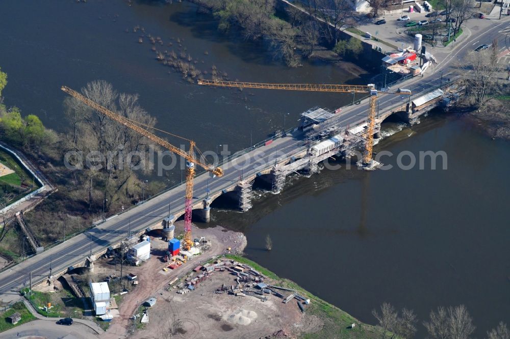 Magdeburg from above - Construction to renovation work on the road bridge structure of Anna-Ebert-Bruecke in Magdeburg in the state Saxony-Anhalt, Germany