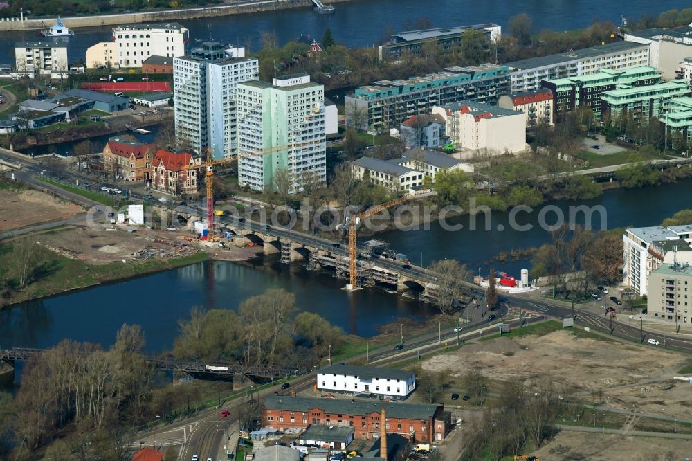 Aerial photograph Magdeburg - Construction to renovation work on the road bridge structure of Anna-Ebert-Bruecke in Magdeburg in the state Saxony-Anhalt, Germany