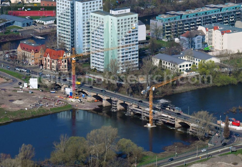 Magdeburg from above - Construction to renovation work on the road bridge structure of Anna-Ebert-Bruecke in Magdeburg in the state Saxony-Anhalt, Germany