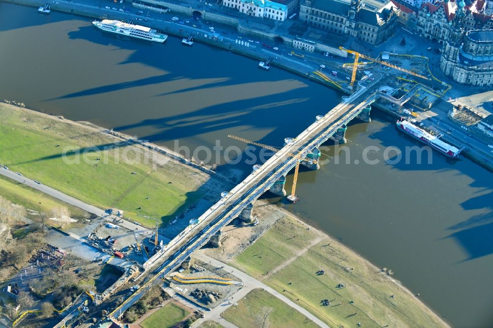 Aerial image Dresden - Construction to renovation work on the road bridge structure Augustusbruecke about the shore of elbe river in Dresden in the state Saxony, Germany