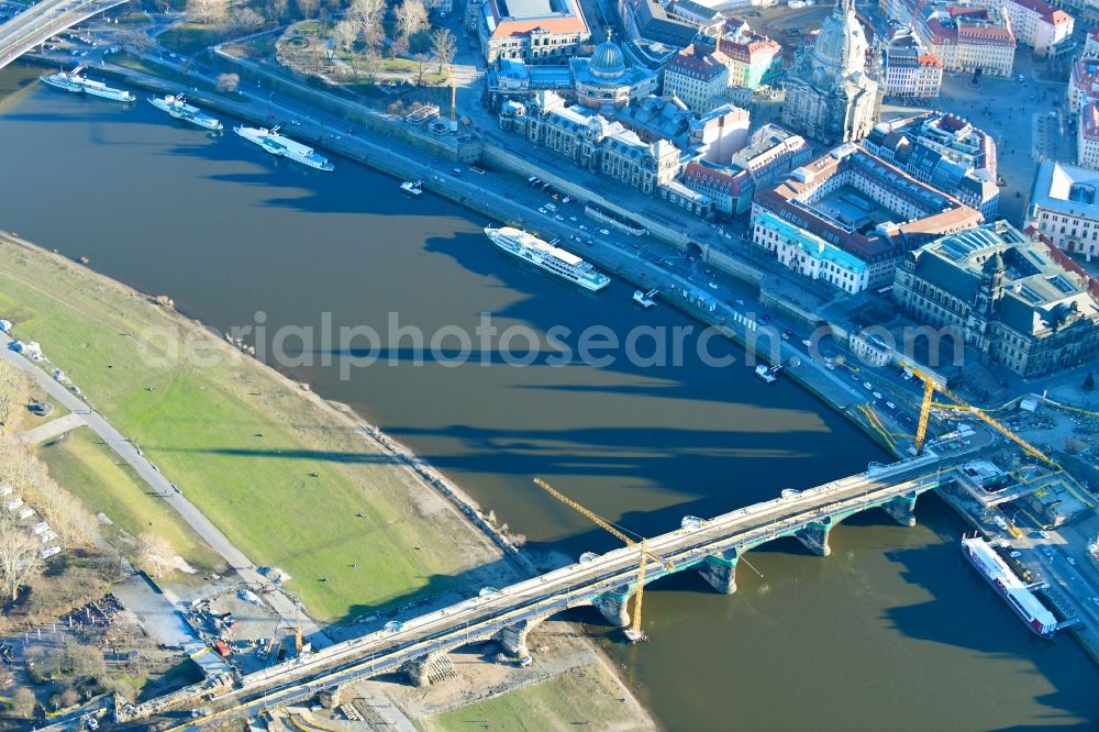 Dresden from above - Construction to renovation work on the road bridge structure Augustusbruecke about the shore of elbe river in Dresden in the state Saxony, Germany