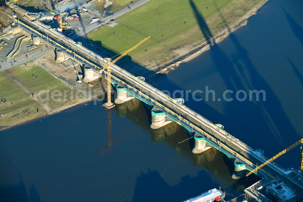 Dresden from above - Construction to renovation work on the road bridge structure Augustusbruecke about the shore of elbe river in Dresden in the state Saxony, Germany