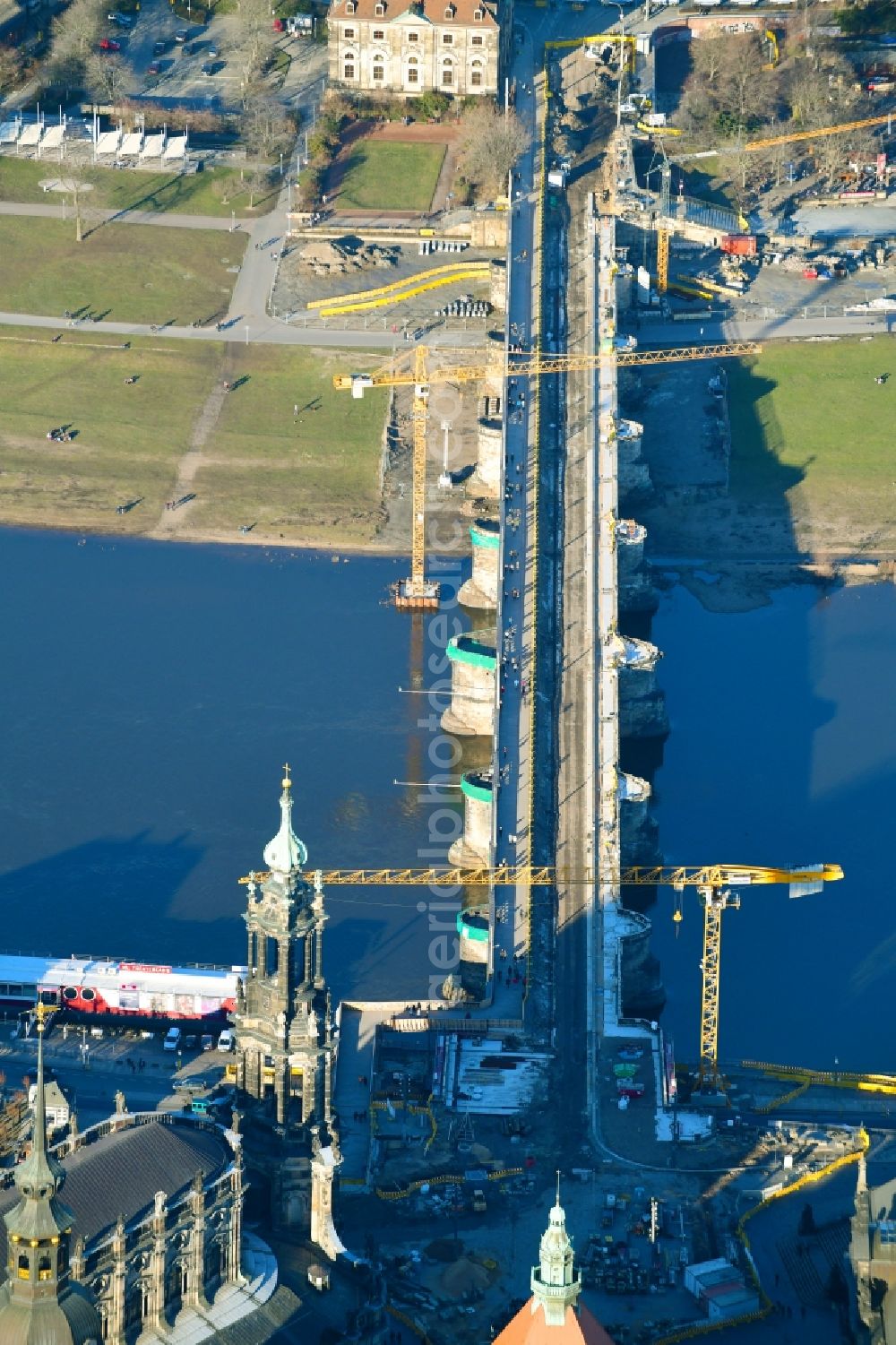 Dresden from above - Construction to renovation work on the road bridge structure Augustusbruecke about the shore of elbe river in Dresden in the state Saxony, Germany