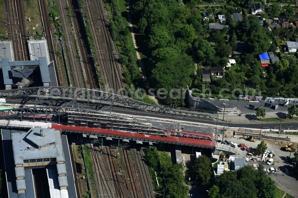 Aerial photograph Berlin - Construction to renovation work on the road bridge structure Train Station Bornholmer Strasse in Berlin