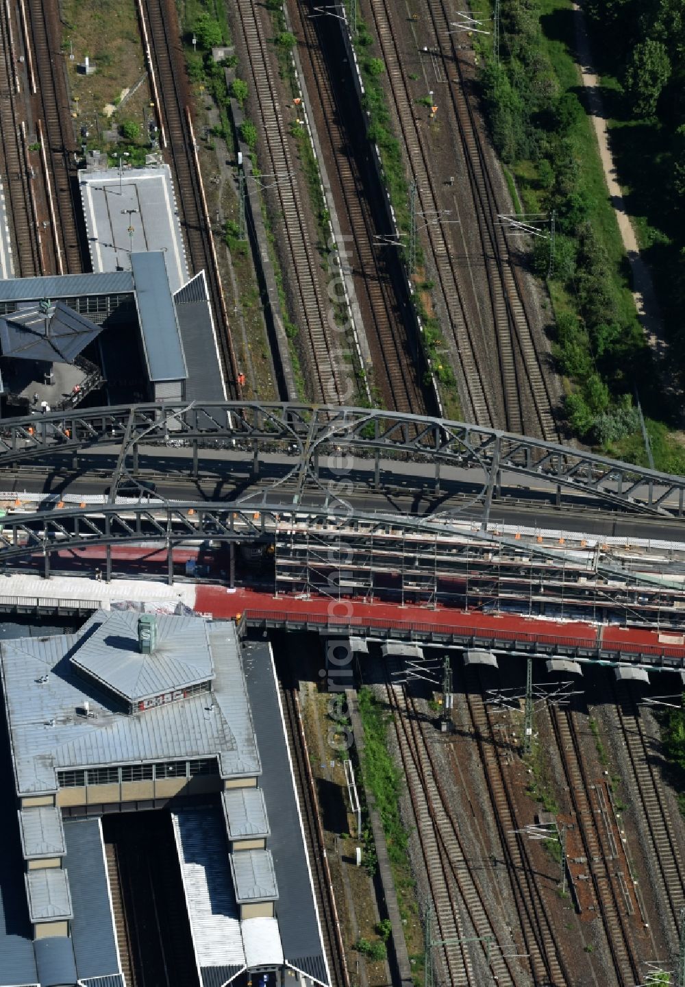 Berlin from above - Construction to renovation work on the road bridge structure Train Station Bornholmer Strasse in Berlin