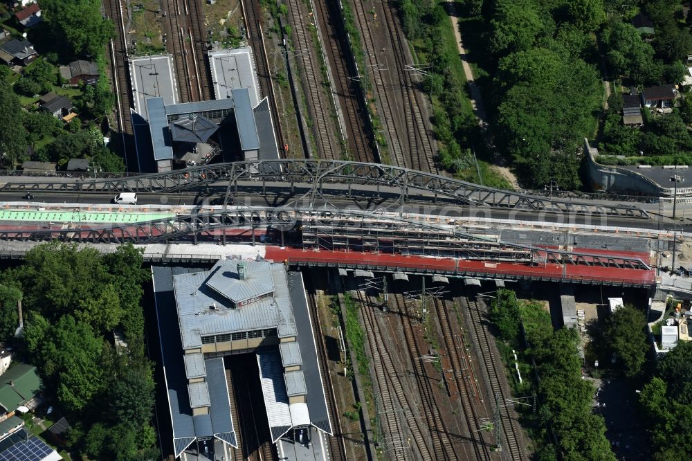 Berlin from the bird's eye view: Construction to renovation work on the road bridge structure Train Station Bornholmer Strasse in Berlin