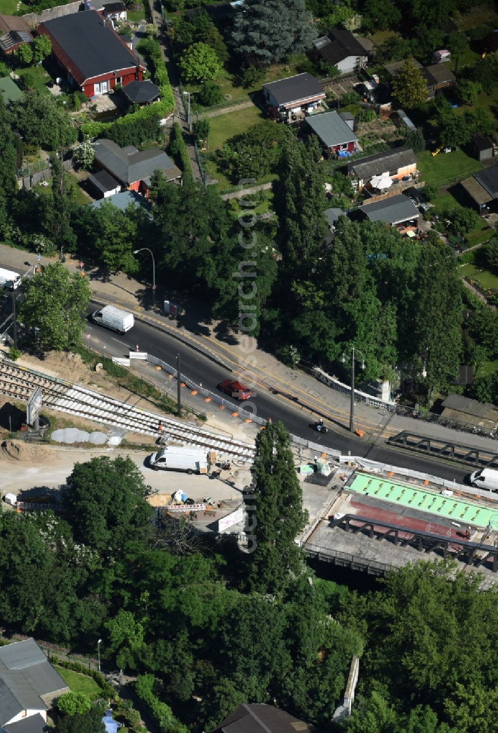 Berlin from above - Construction to renovation work on the road bridge structure Train Station Bornholmer Strasse in Berlin