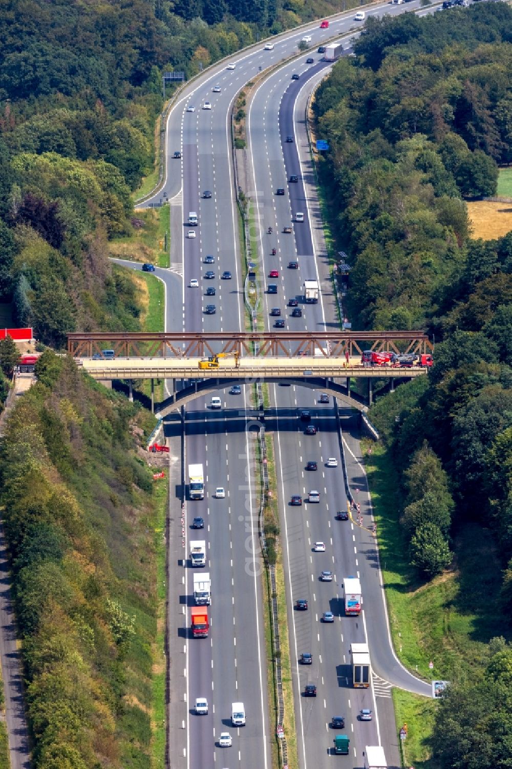 Gevelsberg from above - Construction to renovation work on the road bridge structure Eichholzstrasse in the district Heck in Gevelsberg in the state North Rhine-Westphalia, Germany