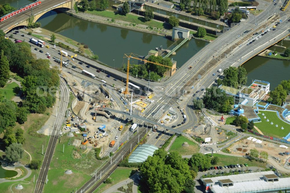 Stuttgart from above - Construction to renovation work on the road bridge structure Koenig-Karls-Bruecke in Stuttgart in the state Baden-Wuerttemberg