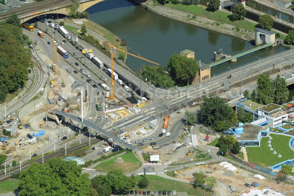 Aerial image Stuttgart - Construction to renovation work on the road bridge structure Koenig-Karls-Bruecke in Stuttgart in the state Baden-Wuerttemberg