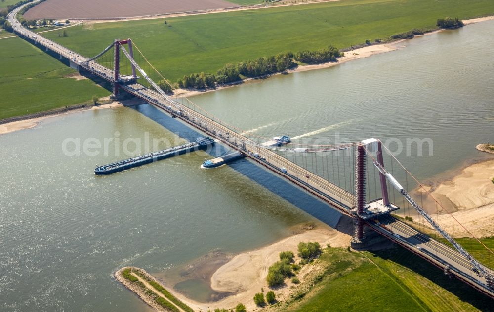 Emmerich am Rhein from above - Construction to renovation work on the road bridge structure of Rheinbruecke on federal street B220 in Emmerich am Rhein in the state North Rhine-Westphalia, Germany