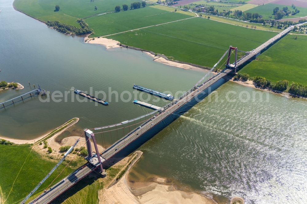 Emmerich am Rhein from the bird's eye view: Construction to renovation work on the road bridge structure of Rheinbruecke on federal street B220 in Emmerich am Rhein in the state North Rhine-Westphalia, Germany