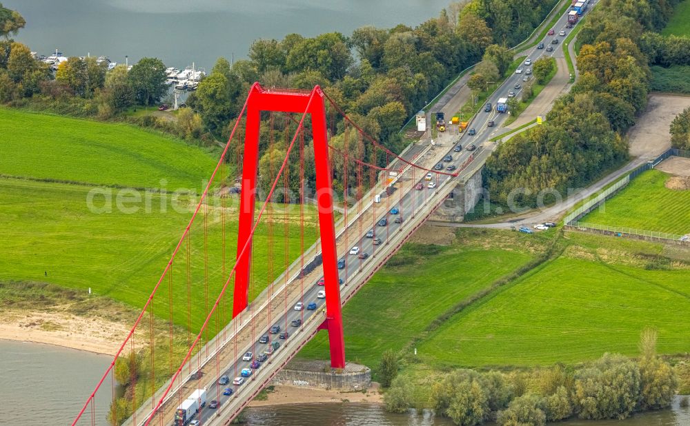 Emmerich am Rhein from the bird's eye view: Construction to renovation work on the road bridge structure of Rheinbruecke on federal street B220 in Emmerich am Rhein in the state North Rhine-Westphalia, Germany