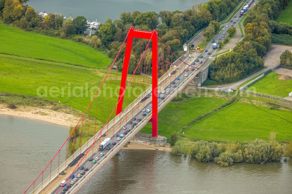 Emmerich am Rhein from above - Construction to renovation work on the road bridge structure of Rheinbruecke on federal street B220 in Emmerich am Rhein in the state North Rhine-Westphalia, Germany