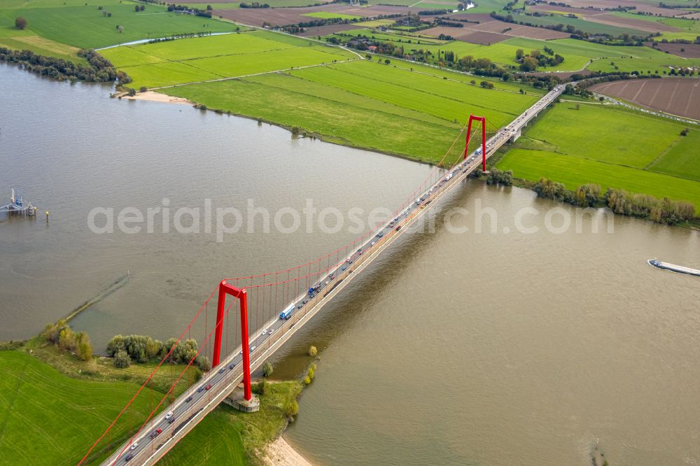 Emmerich am Rhein from the bird's eye view: Construction to renovation work on the road bridge structure of Rheinbruecke on federal street B220 in Emmerich am Rhein in the state North Rhine-Westphalia, Germany