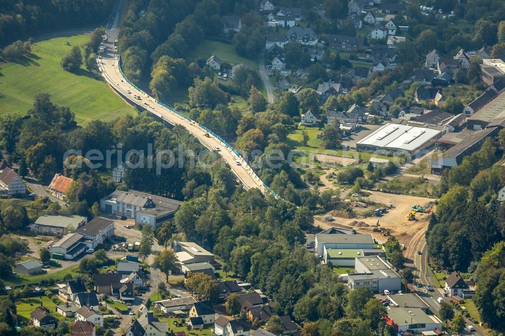 Hilchenbach from above - Construction to renovation work on the road bridge structure Talbruecke Allenbach in Hilchenbach in the state North Rhine-Westphalia, Germany