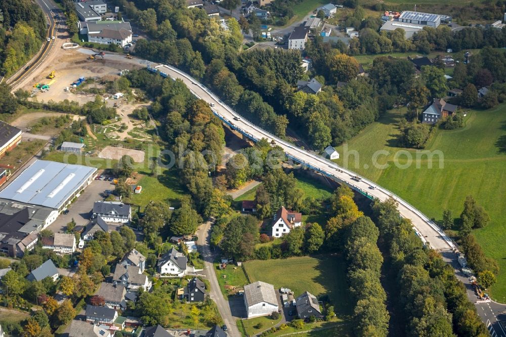 Hilchenbach from the bird's eye view: Construction to renovation work on the road bridge structure Talbruecke Allenbach in Hilchenbach in the state North Rhine-Westphalia, Germany