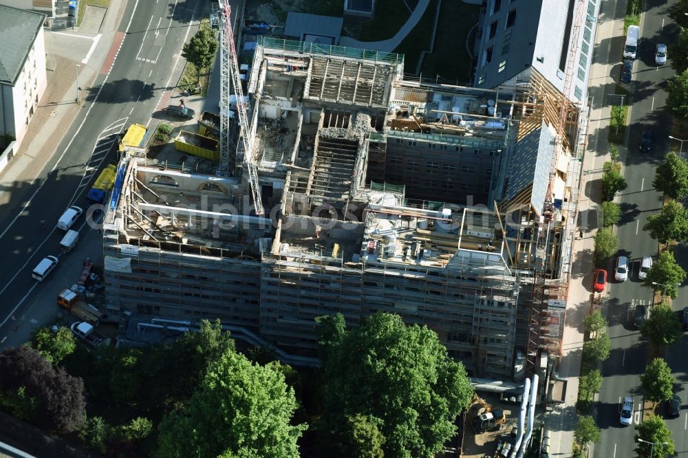 Aerial image Leipzig - Construction to renovation work and for reconstruction of the Bugra exhibition house building complex of Gutenberggalerie and the Ramada on Gutenbergplatz in Graphic Quarter in Leipzig in Saxony