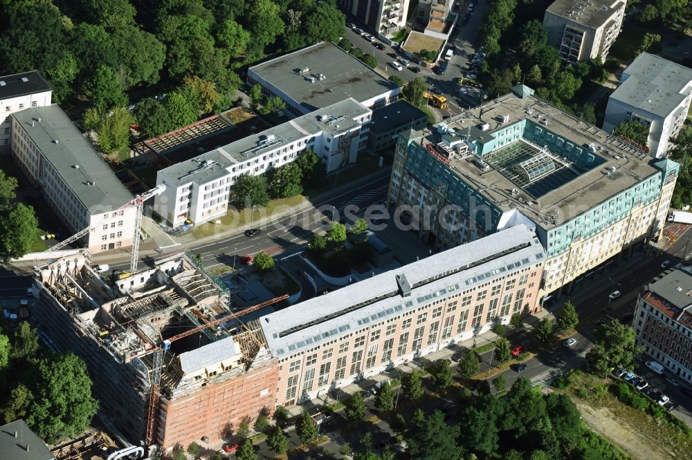 Leipzig from above - Construction to renovation work and for reconstruction of the Bugra exhibition house building complex of Gutenberggalerie and the Ramada on Gutenbergplatz in Graphic Quarter in Leipzig in Saxony