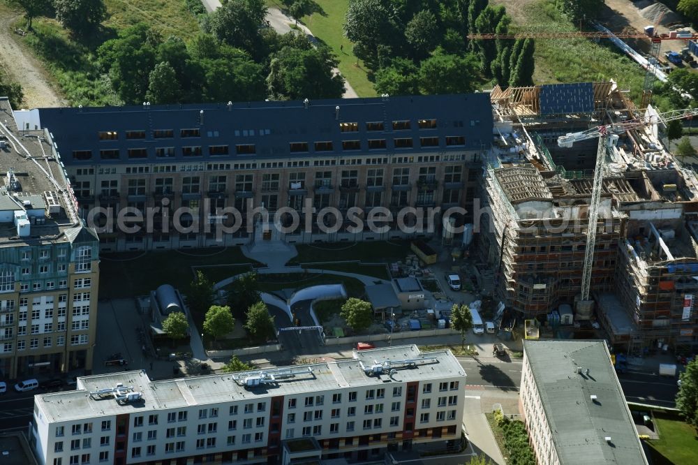 Aerial image Leipzig - Construction to renovation work and for reconstruction of the Bugra exhibition house building complex of Gutenberggalerie and the Ramada on Gutenbergplatz in Graphic Quarter in Leipzig in Saxony