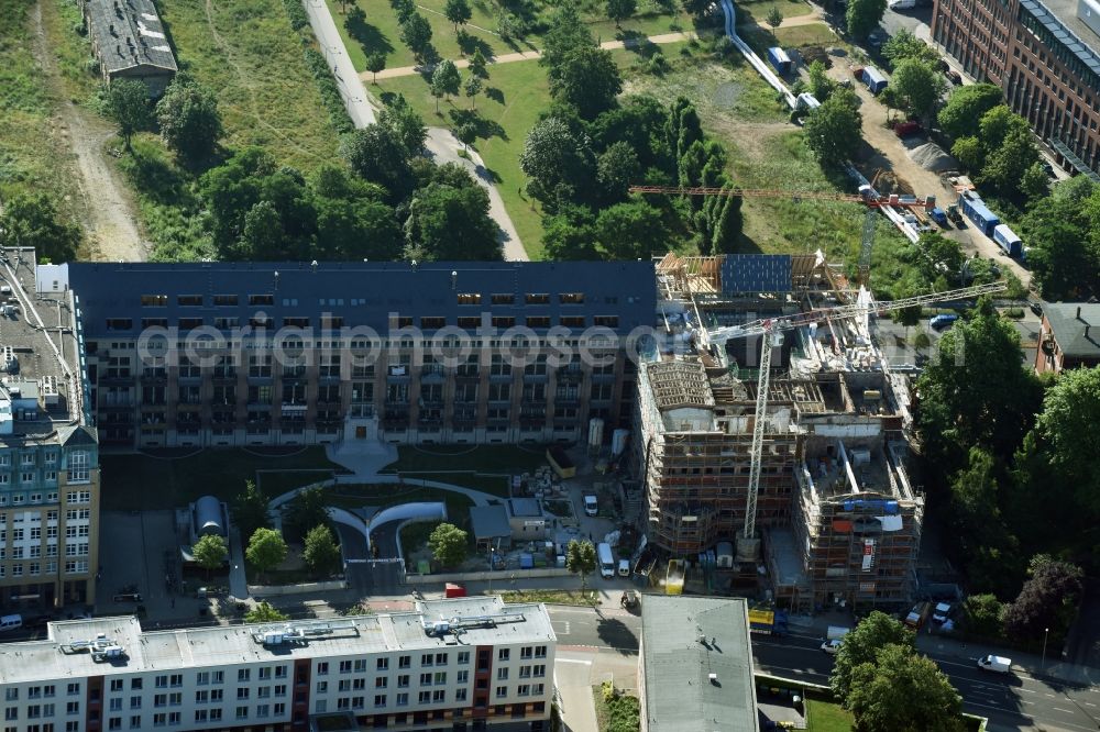 Aerial photograph Leipzig - Construction to renovation work and for reconstruction of the Bugra exhibition house building complex of Gutenberggalerie and the Ramada on Gutenbergplatz in Graphic Quarter in Leipzig in Saxony