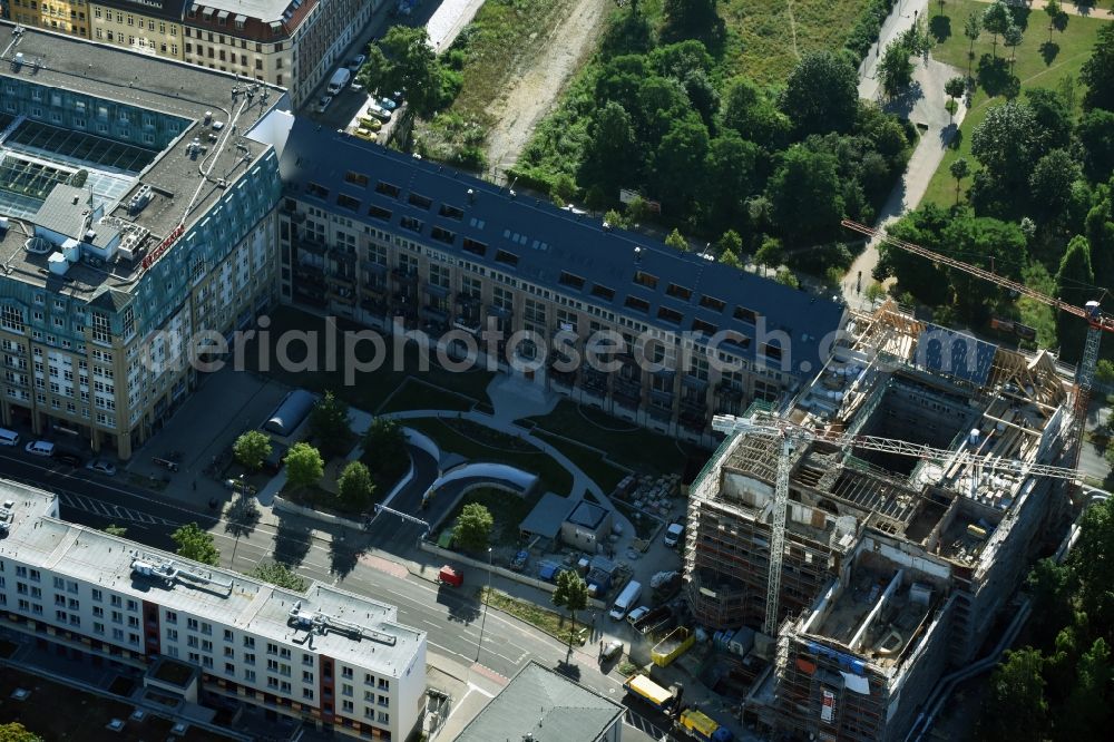 Leipzig from above - Construction to renovation work and for reconstruction of the Bugra exhibition house building complex of Gutenberggalerie and the Ramada on Gutenbergplatz in Graphic Quarter in Leipzig in Saxony