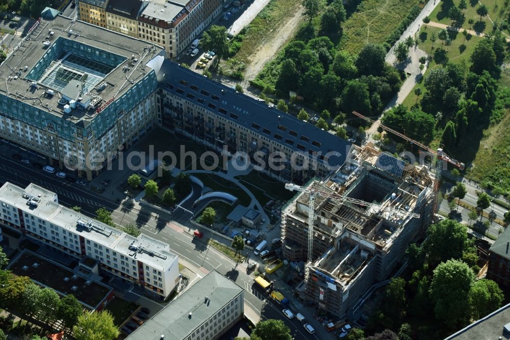 Aerial image Leipzig - Construction to renovation work and for reconstruction of the Bugra exhibition house building complex of Gutenberggalerie and the Ramada on Gutenbergplatz in Graphic Quarter in Leipzig in Saxony