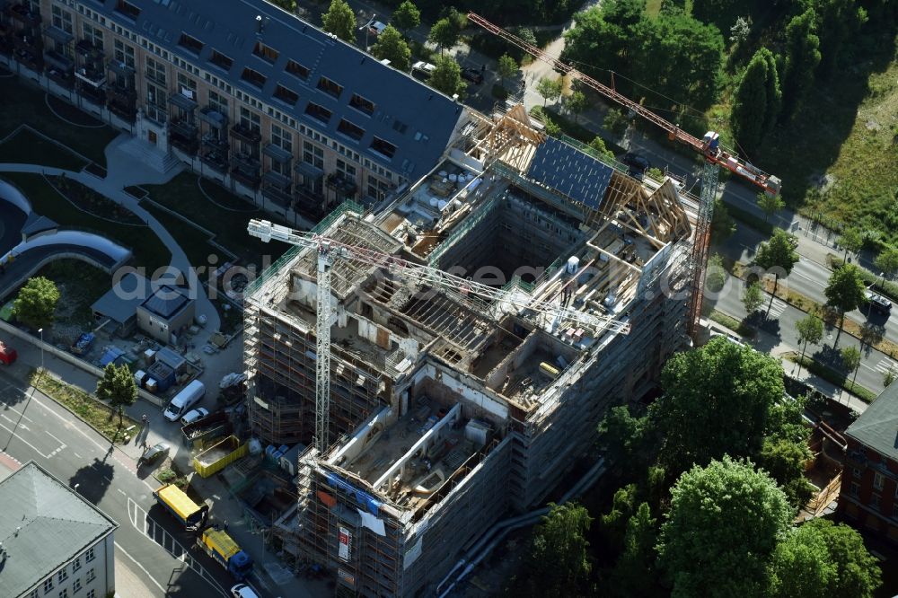 Aerial photograph Leipzig - Construction to renovation work and for reconstruction of the Bugra exhibition house building complex of Gutenberggalerie and the Ramada on Gutenbergplatz in Graphic Quarter in Leipzig in Saxony