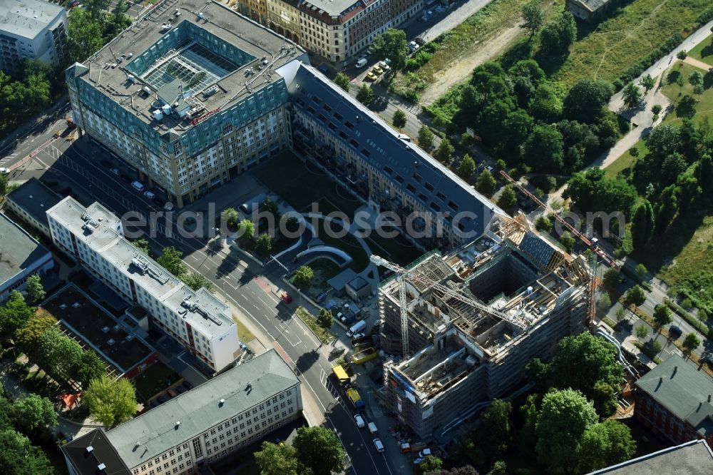 Leipzig from above - Construction to renovation work and for reconstruction of the Bugra exhibition house building complex of Gutenberggalerie and the Ramada on Gutenbergplatz in Graphic Quarter in Leipzig in Saxony