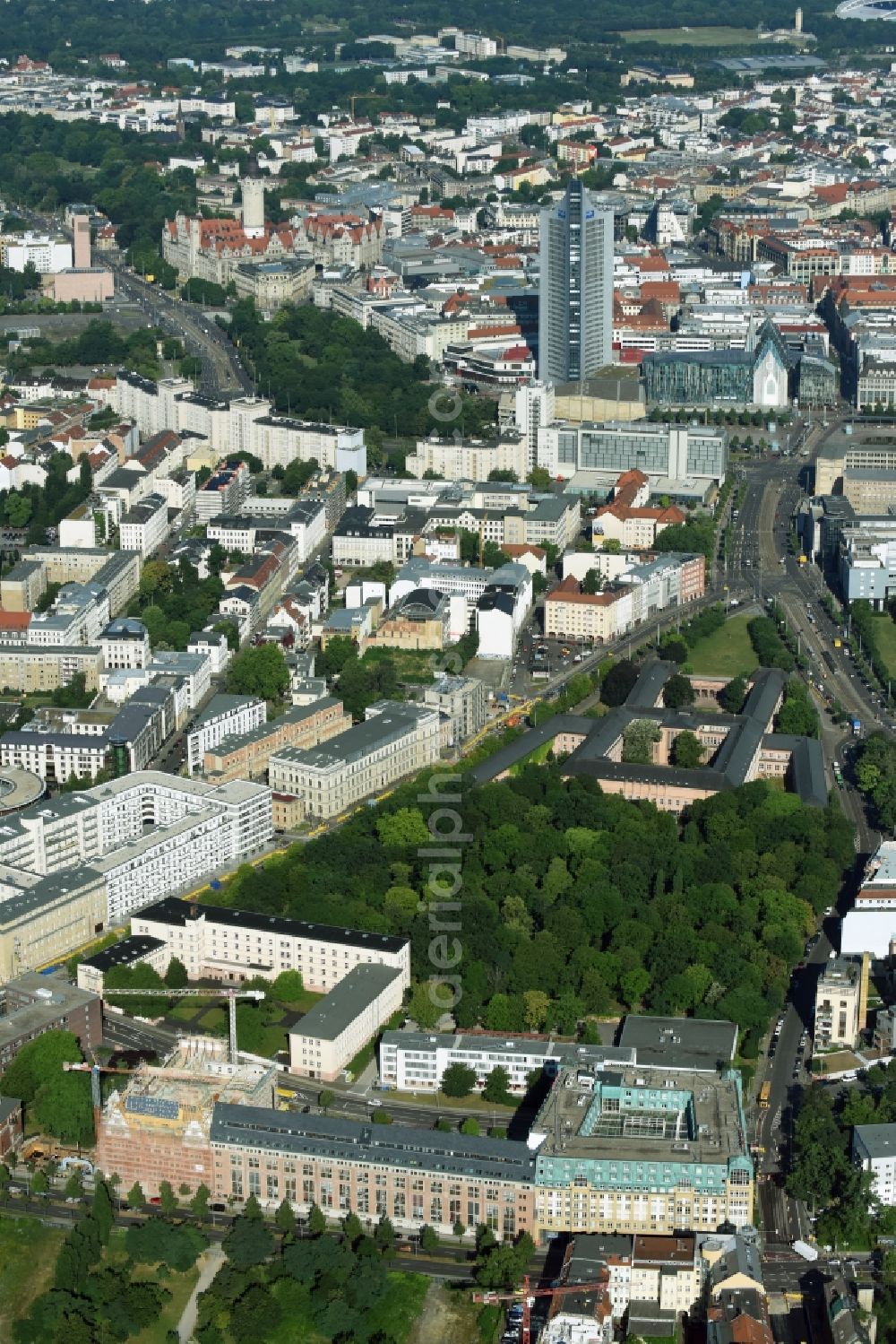 Leipzig from above - Construction to renovation work and for reconstruction of the Bugra exhibition house building complex of Gutenberggalerie and the Ramada on Gutenbergplatz in Graphic Quarter in Leipzig in Saxony