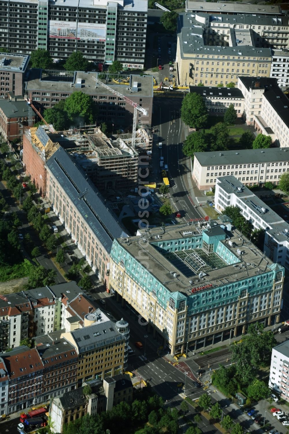 Leipzig from above - Construction to renovation work and for reconstruction of the Bugra exhibition house building complex of Gutenberggalerie and the Ramada on Gutenbergplatz in Graphic Quarter in Leipzig in Saxony