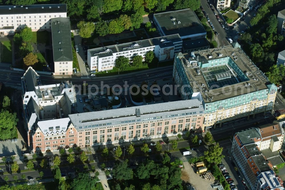 Leipzig from the bird's eye view: Construction to renovation work and for reconstruction of the Bugra exhibition house building complex of Gutenberggalerie and the Ramada on Gutenbergplatz in Graphic Quarter in Leipzig in Saxony