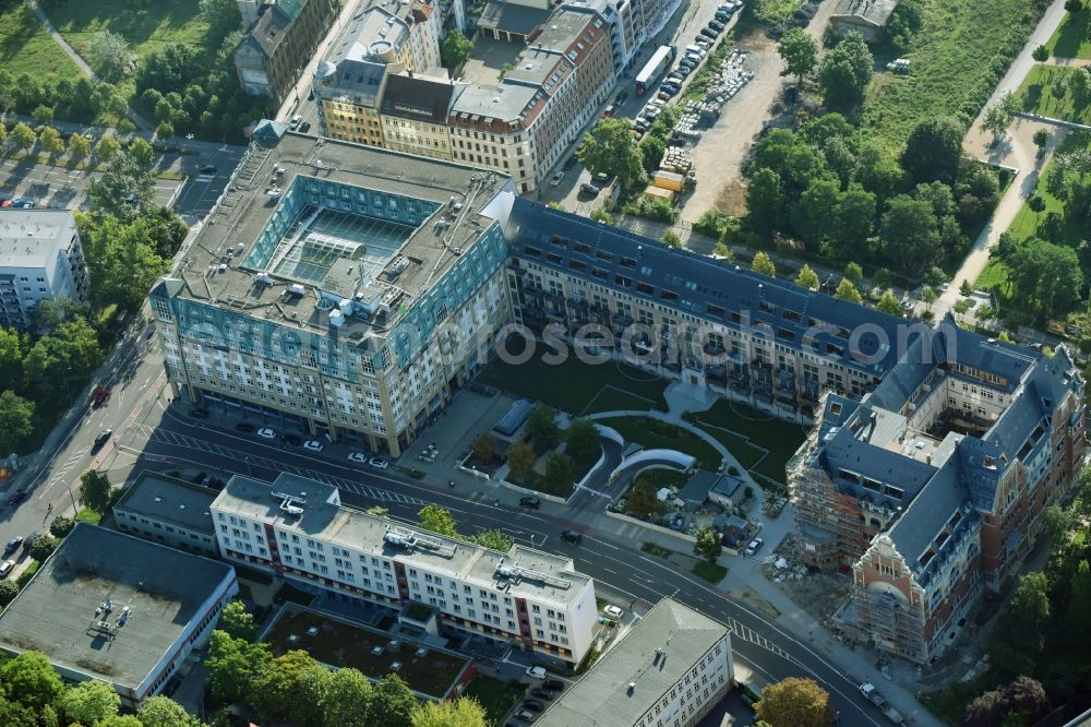 Aerial image Leipzig - Construction to renovation work and for reconstruction of the Bugra exhibition house building complex of Gutenberggalerie and the Ramada on Gutenbergplatz in Graphic Quarter in Leipzig in Saxony