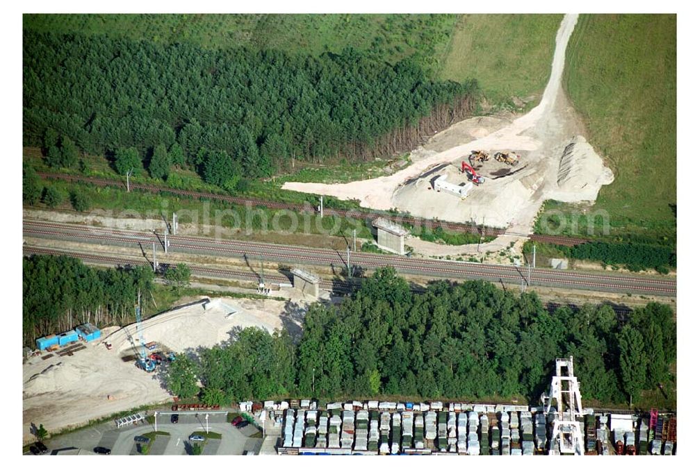 Aerial image Ludwigsfelde/ Genshagener Heide (Brandenburg) - Blick auf den im Bau befindlichen Schienenübergang am Kreuzungsbauwerk Berliner Außenring (BAR) und der Anhalter Bahn