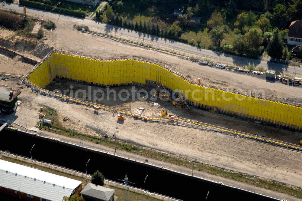 Aerial photograph Wusterwitz - Blick auf die Baustelle vom Neubau der 2. Schleuse Wusterwitz. Ein Projekt des WSV: Wasserstraßen-Neubauamt Magdeburg, 39106 Magdeburg, Tel. +49(0)391 535-0, email: wna-magdeburg@wsv.bund.de