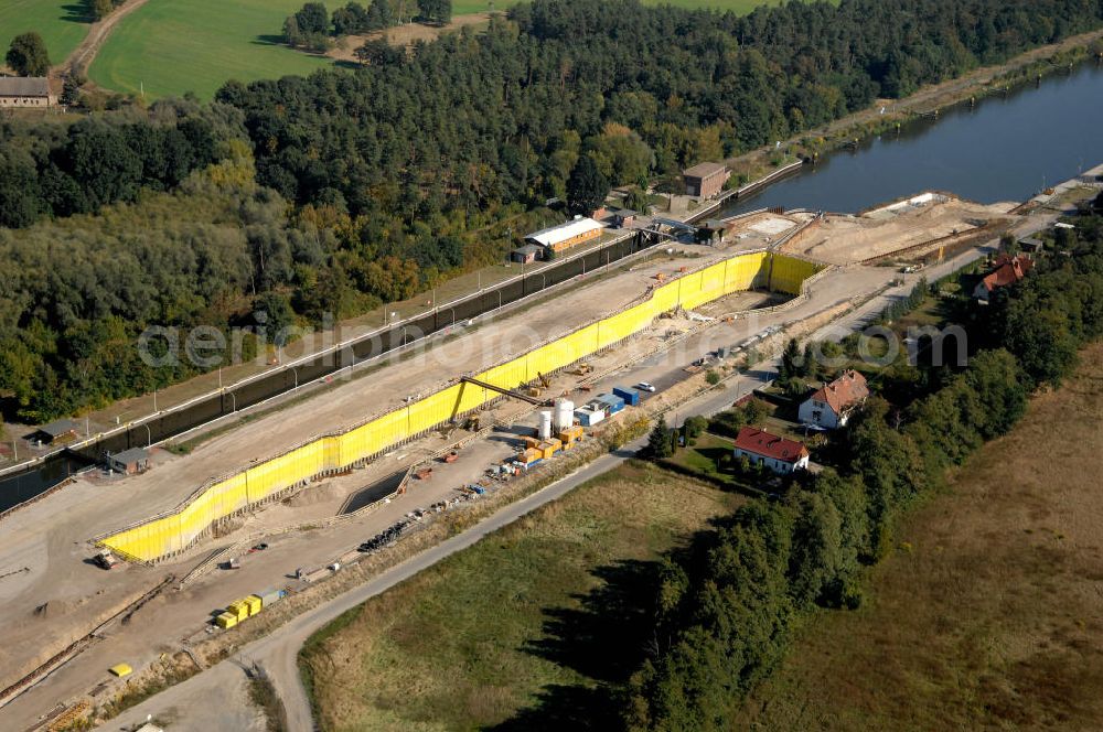 Aerial image Wusterwitz - Blick auf die Baustelle vom Neubau der 2. Schleuse Wusterwitz. Ein Projekt des WSV: Wasserstraßen-Neubauamt Magdeburg, 39106 Magdeburg, Tel. +49(0)391 535-0, email: wna-magdeburg@wsv.bund.de