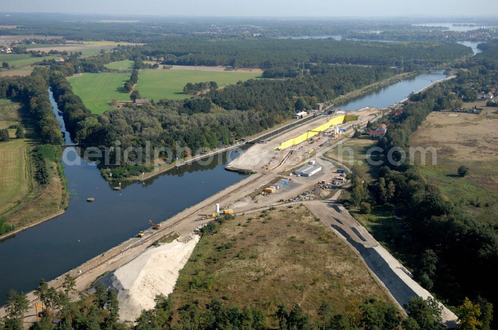 Aerial image Wusterwitz - Blick auf die Baustelle vom Neubau der 2. Schleuse Wusterwitz. Ein Projekt des WSV: Wasserstraßen-Neubauamt Magdeburg, 39106 Magdeburg, Tel. +49(0)391 535-0, email: wna-magdeburg@wsv.bund.de