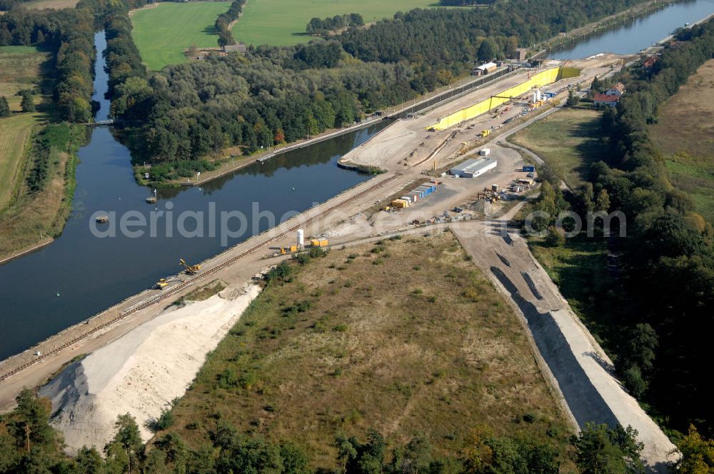 Aerial photograph Wusterwitz - Blick auf die Baustelle vom Neubau der 2. Schleuse Wusterwitz. Ein Projekt des WSV: Wasserstraßen-Neubauamt Magdeburg, 39106 Magdeburg, Tel. +49(0)391 535-0, email: wna-magdeburg@wsv.bund.de