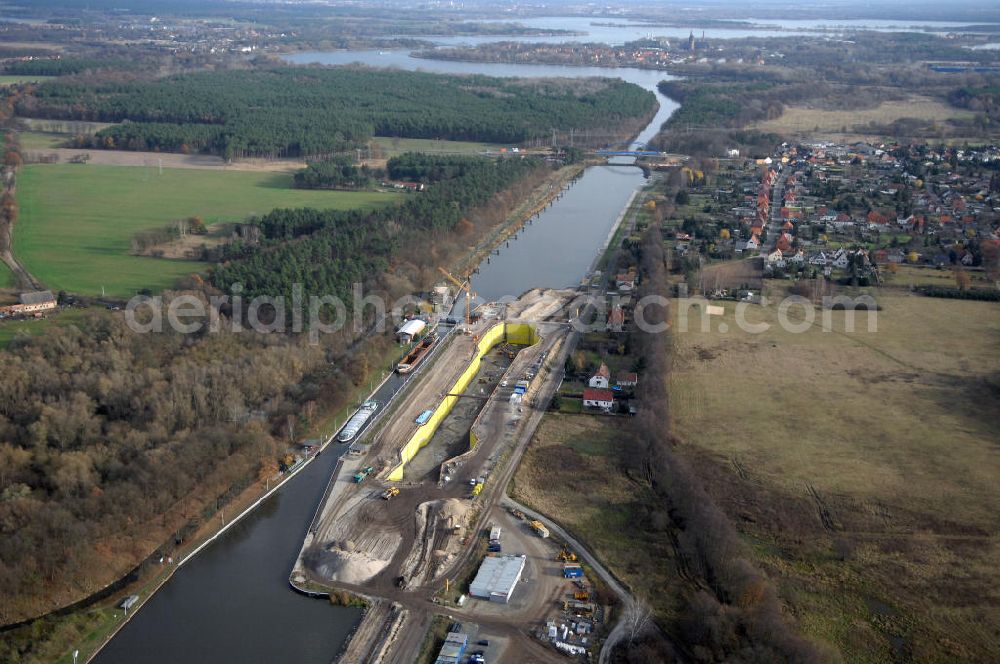 Aerial photograph Wusterwitz - Blick auf die Baustelle vom Neubau der 2. Schleuse Wusterwitz. Ein Projekt des WSV: Wasserstraßen-Neubauamt Magdeburg, 39106 Magdeburg, Tel. +49(0)391 535-0, email: wna-magdeburg@wsv.bund.de