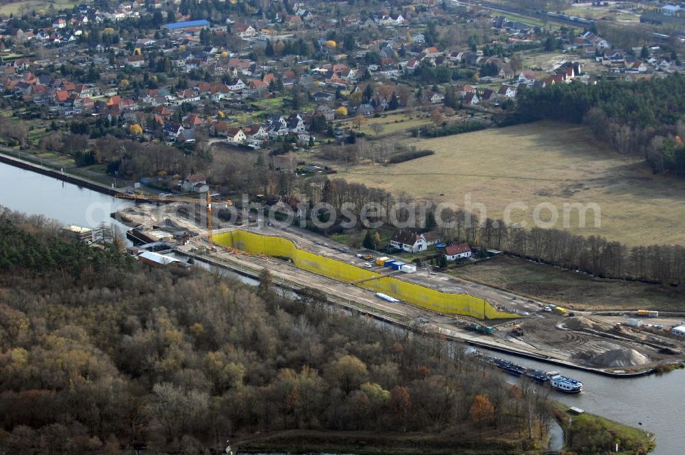 Wusterwitz from the bird's eye view: Blick auf die Baustelle vom Neubau der 2. Schleuse Wusterwitz. Ein Projekt des WSV: Wasserstraßen-Neubauamt Magdeburg, 39106 Magdeburg, Tel. +49(0)391 535-0, email: wna-magdeburg@wsv.bund.de