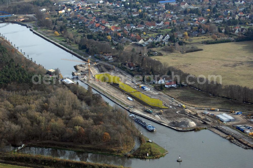 Aerial image Wusterwitz - Blick auf die Baustelle vom Neubau der 2. Schleuse Wusterwitz. Ein Projekt des WSV: Wasserstraßen-Neubauamt Magdeburg, 39106 Magdeburg, Tel. +49(0)391 535-0, email: wna-magdeburg@wsv.bund.de