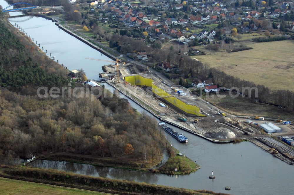 Wusterwitz from the bird's eye view: Blick auf die Baustelle vom Neubau der 2. Schleuse Wusterwitz. Ein Projekt des WSV: Wasserstraßen-Neubauamt Magdeburg, 39106 Magdeburg, Tel. +49(0)391 535-0, email: wna-magdeburg@wsv.bund.de