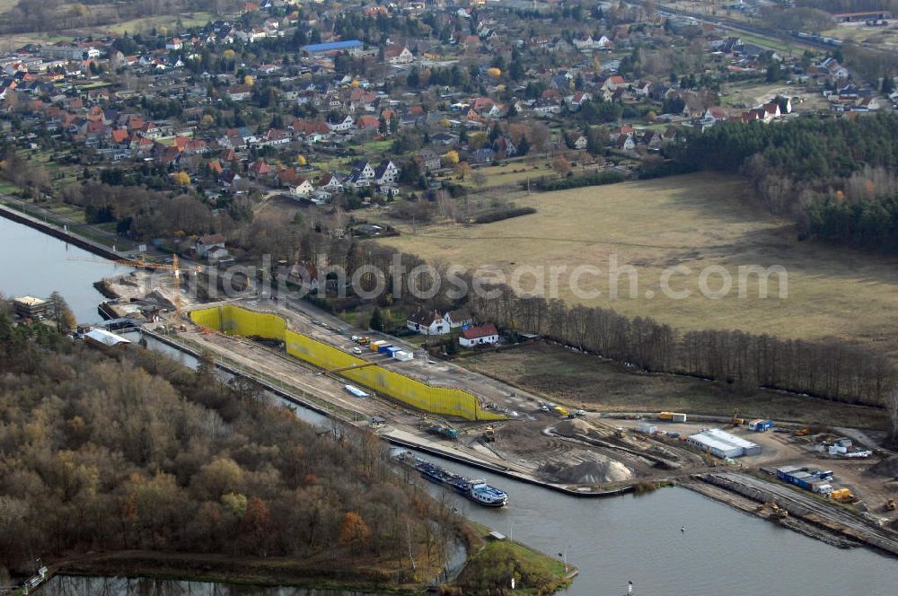 Aerial photograph Wusterwitz - Blick auf die Baustelle vom Neubau der 2. Schleuse Wusterwitz. Ein Projekt des WSV: Wasserstraßen-Neubauamt Magdeburg, 39106 Magdeburg, Tel. +49(0)391 535-0, email: wna-magdeburg@wsv.bund.de