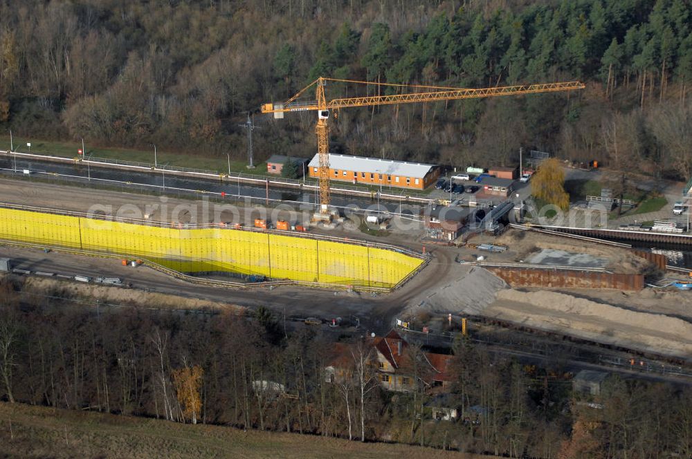 Aerial image Wusterwitz - Blick auf die Baustelle vom Neubau der 2. Schleuse Wusterwitz. Ein Projekt des WSV: Wasserstraßen-Neubauamt Magdeburg, 39106 Magdeburg, Tel. +49(0)391 535-0, email: wna-magdeburg@wsv.bund.de