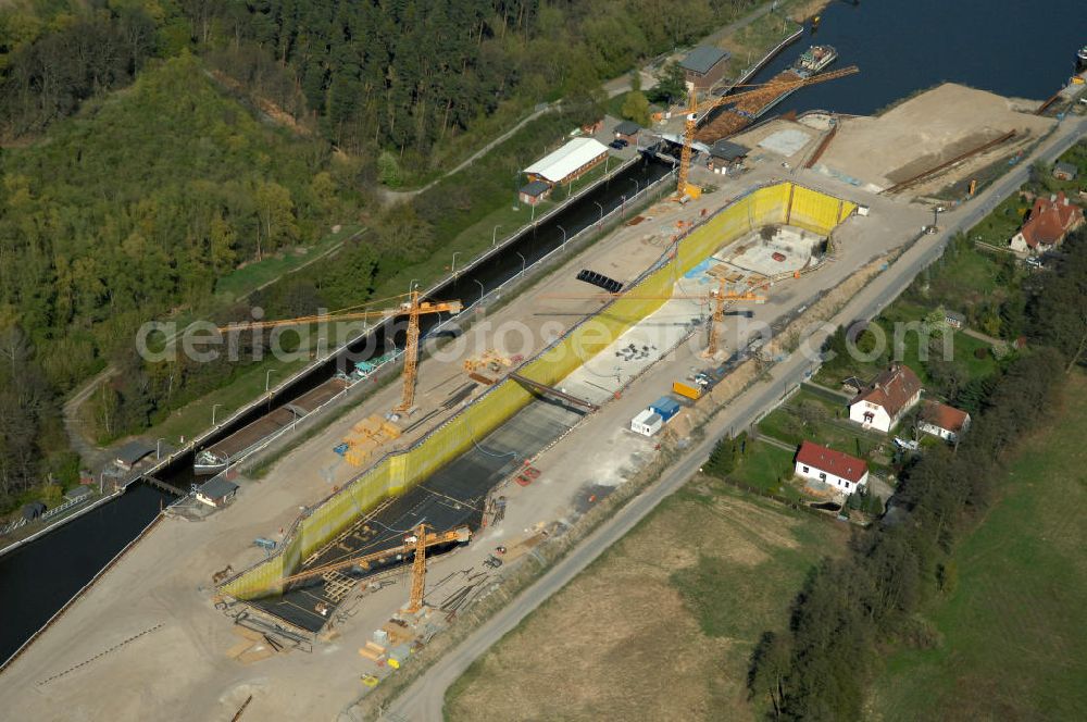 Aerial image Wusterwitz - Blick auf die Erweiterungsbaustelle der Schleuse Wusterwitz. Ein Projekt des WSV: Wasserstraßen-Neubauamt Magdeburg, View of the construction site of the expansion lock Wusterwitz.