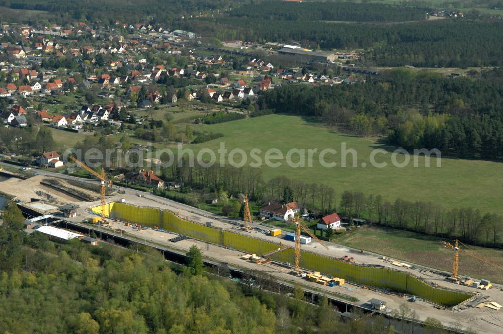 Aerial photograph Wusterwitz - Blick auf die Erweiterungsbaustelle der Schleuse Wusterwitz. Ein Projekt des WSV: Wasserstraßen-Neubauamt Magdeburg, View of the construction site of the expansion lock Wusterwitz.