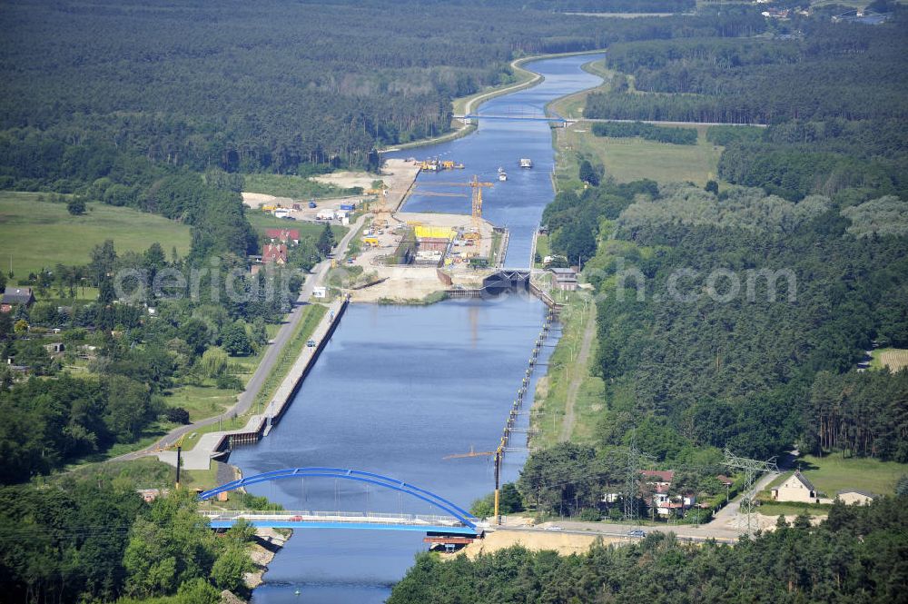 Aerial photograph Wusterwitz - Blick auf die Erweiterungsbaustelle der Schleuse Wusterwitz. Ein Projekt des WSV: Wasserstraßen-Neubauamt Magdeburg, View of the construction site of the expansion lock Wusterwitz.