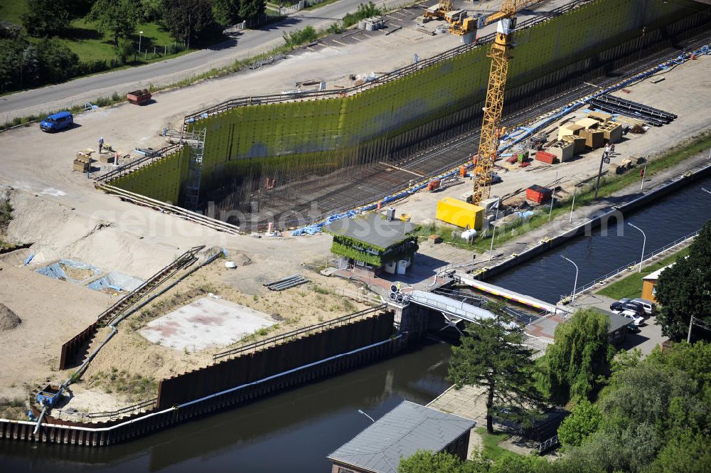 Aerial photograph Wusterwitz - Blick auf die Erweiterungsbaustelle der Schleuse Wusterwitz. Ein Projekt des WSV: Wasserstraßen-Neubauamt Magdeburg, View of the construction site of the expansion lock Wusterwitz.